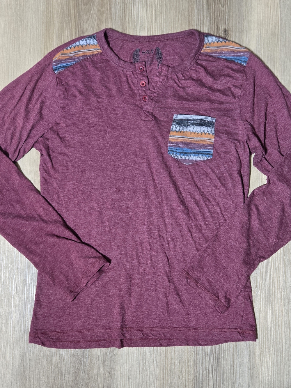 Maroon Henley Long Sleeve with Patterned Pocket